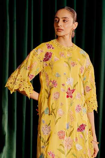 Buy_Chandrima_Yellow Silk Organza, Chanderi Beads, Cut Floral Embroidered Kurta With Pant _Online_at_Aza_Fashions