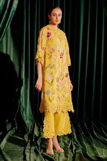 Shop_Chandrima_Yellow Silk Organza, Chanderi Beads, Cut Floral Embroidered Kurta With Pant _Online_at_Aza_Fashions