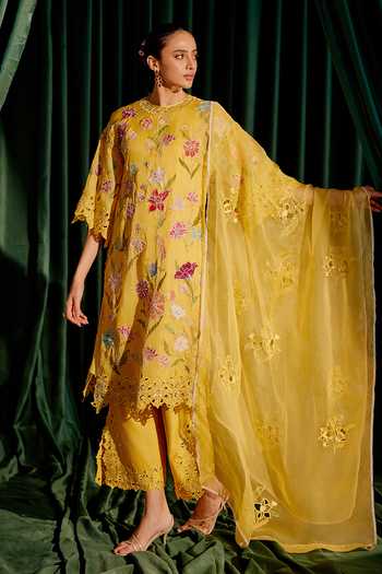 Chandrima_Yellow Silk Organza, Chanderi Beads, Cut Floral Embroidered Kurta With Pant _at_Aza_Fashions
