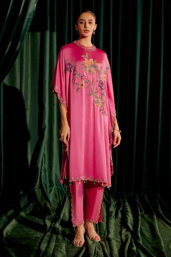 Chandrima_Pink Silk Satin, Chanderi Beads, Cut Work Floral Embroidered Kaftan With Pant _Online_at_Aza_Fashions
