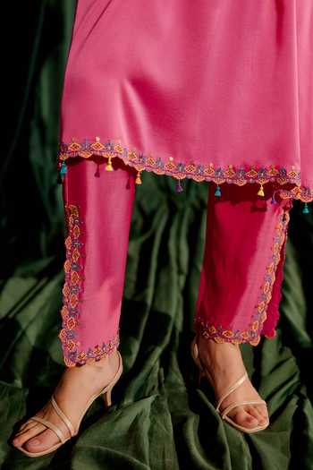 Buy_Chandrima_Pink Silk Satin, Chanderi Beads, Cut Work Floral Embroidered Kaftan With Pant _Online_at_Aza_Fashions