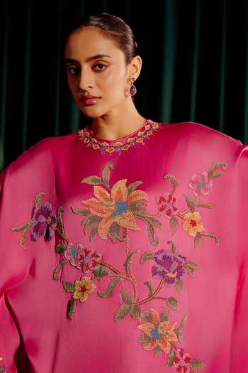 Shop_Chandrima_Pink Silk Satin, Chanderi Beads, Cut Work Floral Embroidered Kaftan With Pant _Online_at_Aza_Fashions