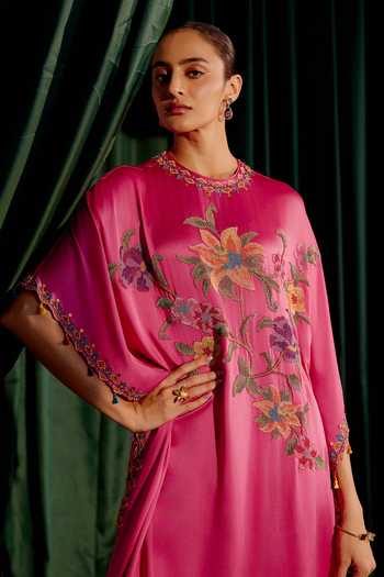 Chandrima_Pink Silk Satin, Chanderi Beads, Cut Work Floral Embroidered Kaftan With Pant _at_Aza_Fashions