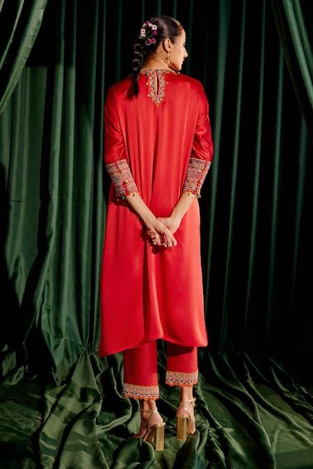 Shop Chandrima Red Silk Satin, Chanderi Embroidery, Beads Round Neck Kimono Kurta With Pant at Aza Fashions Shop_Chandrima_Red Silk Satin, Chanderi Embroidery, Beads Round Neck Kimono Kurta With Pant _at_Aza_Fashions
