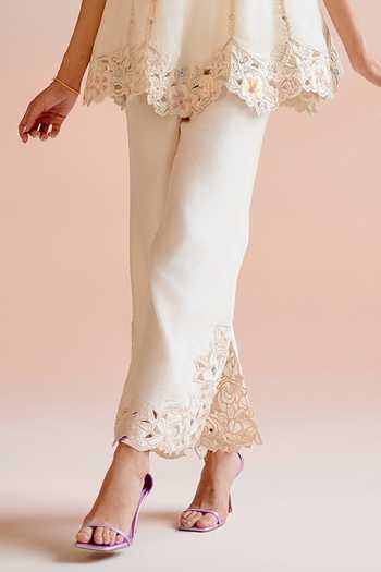 Chandrima Ivory Silk Organza, Chanderi Beads, Floral Embroidered Short Kurta With Pant Online at Aza Fashions Chandrima_Ivory Silk Organza, Chanderi Beads, Floral Embroidered Short Kurta With Pant _Online_at_Aza_Fashions