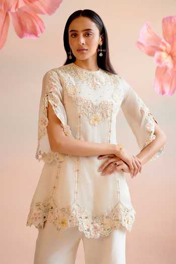 Buy Chandrima Ivory Silk Organza, Chanderi Beads, Floral Embroidered Short Kurta With Pant Online at Aza Fashions Buy_Chandrima_Ivory Silk Organza, Chanderi Beads, Floral Embroidered Short Kurta With Pant _Online_at_Aza_Fashions