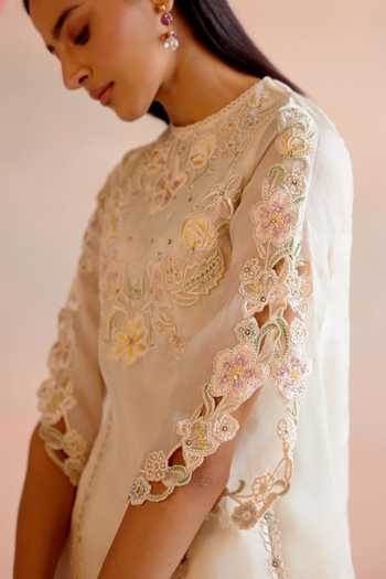 Shop Chandrima Ivory Silk Organza, Chanderi Beads, Floral Embroidered Short Kurta With Pant Online at Aza Fashions Shop_Chandrima_Ivory Silk Organza, Chanderi Beads, Floral Embroidered Short Kurta With Pant _Online_at_Aza_Fashions