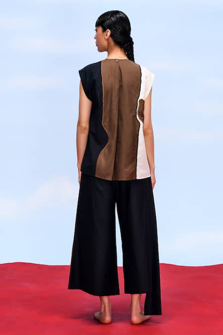 Febo6_Black Cotton, Silk Abstraction Overlap Flap Detailed Culottes _Online_at_Aza_Fashions