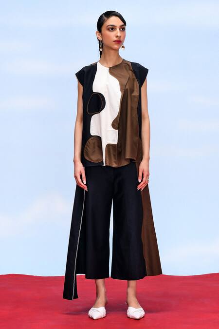 Buy_Febo6_Black Cotton, Silk Abstraction Overlap Flap Detailed Culottes _Online_at_Aza_Fashions