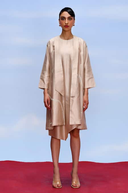 Febo6_Beige Chanderi Embroidery Round Neck, Open Diagonal Jacket With Asymmetric Dress _Online_at_Aza_Fashions