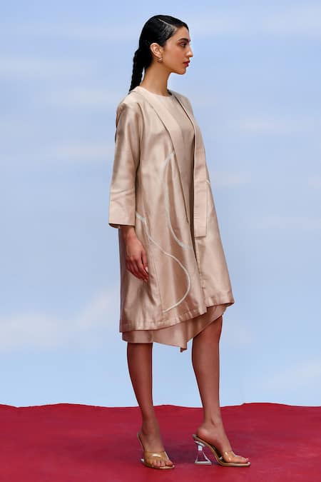 Buy_Febo6_Beige Chanderi Embroidery Round Neck, Open Diagonal Jacket With Asymmetric Dress _Online_at_Aza_Fashions