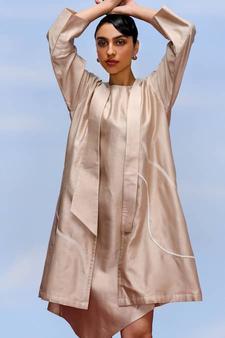 Shop_Febo6_Beige Chanderi Embroidery Round Neck, Open Diagonal Jacket With Asymmetric Dress _Online_at_Aza_Fashions