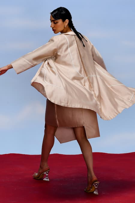 Febo6_Beige Chanderi Embroidery Round Neck, Open Diagonal Jacket With Asymmetric Dress _at_Aza_Fashions