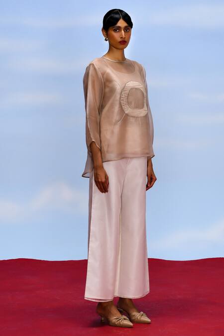 Febo6_Beige Organza, Cotton Embroidery Round Neck Crater Embellished Top _Online_at_Aza_Fashions