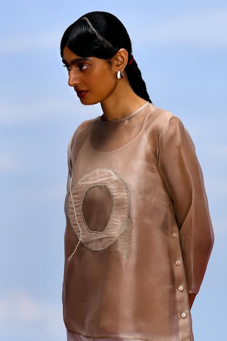 Shop_Febo6_Beige Organza, Cotton Embroidery Round Neck Crater Embellished Top _Online_at_Aza_Fashions