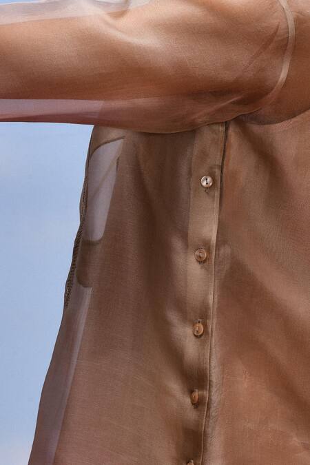 Febo6_Beige Organza, Cotton Embroidery Round Neck Crater Embellished Top _at_Aza_Fashions