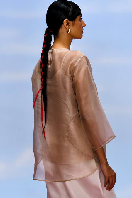 Buy_Febo6_Beige Organza, Cotton Embroidery Round Neck Crater Embellished Top 