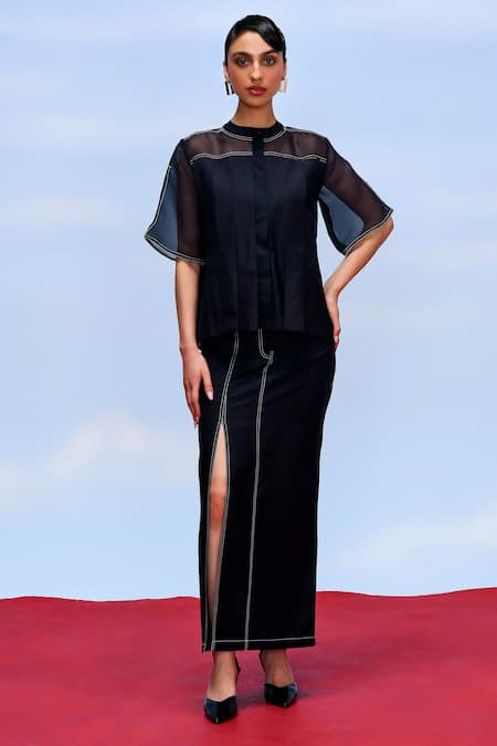 Febo6 Black Cotton, Silk Embroidery High Neck Deform Sheer Sleeves Top Online at Aza Fashions Febo6_Black Cotton, Silk Embroidery High Neck Deform Sheer Sleeves Top _Online_at_Aza_Fashions