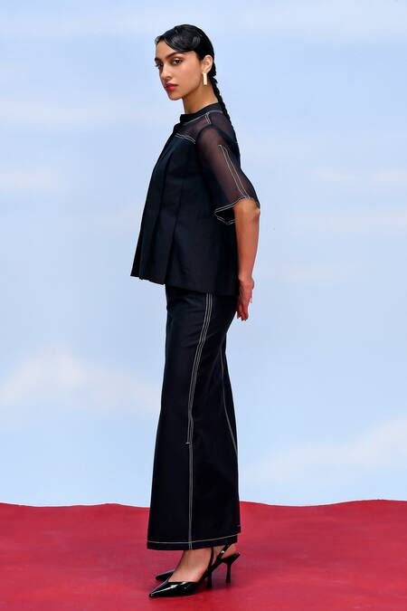 Buy Febo6 Black Cotton, Silk Embroidery High Neck Deform Sheer Sleeves Top Online at Aza Fashions Buy_Febo6_Black Cotton, Silk Embroidery High Neck Deform Sheer Sleeves Top _Online_at_Aza_Fashions