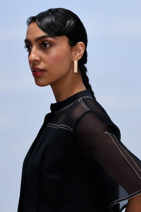 Shop Febo6 Black Cotton, Silk Embroidery High Neck Deform Sheer Sleeves Top Online at Aza Fashions Shop_Febo6_Black Cotton, Silk Embroidery High Neck Deform Sheer Sleeves Top _Online_at_Aza_Fashions