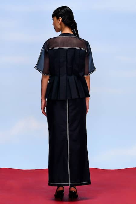 Febo6 Black Cotton, Silk Embroidery High Neck Deform Thread Detailed Top And Skirt Set Online at Aza Fashions Febo6_Black Cotton, Silk Embroidery High Neck Deform Thread Detailed Top And Skirt Set _Online_at_Aza_Fashions