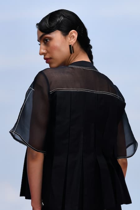 Febo6 Black Cotton, Silk Embroidery High Neck Deform Thread Detailed Top And Skirt Set at Aza Fashions Febo6_Black Cotton, Silk Embroidery High Neck Deform Thread Detailed Top And Skirt Set _at_Aza_Fashions