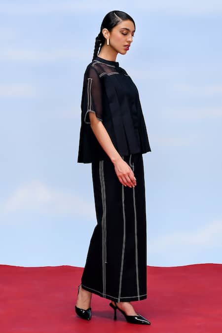 Shop_Febo6_Black Cotton, Silk Embroidery Deform High Slit Skirt _Online_at_Aza_Fashions