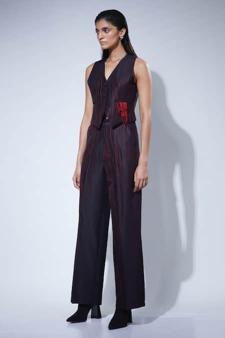 Buy Febo6 Black Silk Embroidery V-neck Harmony Thread Detailed Waistcoat And Pants Set Buy_Febo6_Black Silk Embroidery V-neck Harmony Thread Detailed Waistcoat And Pants Set