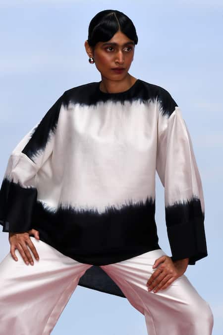 Febo6_Black Chanderi Round Neck Nocturne Ombre Top And Pant Set _at_Aza_Fashions