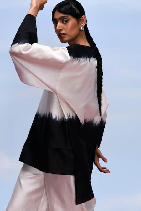 Buy_Febo6_Black Chanderi Round Neck Nocturne Ombre Top And Pant Set 