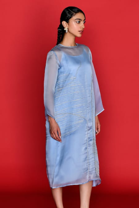 Febo6_Blue Organza, Satin, Cotton Embroidery Round Neck Native Thread Detailed Kurta _at_Aza_Fashions