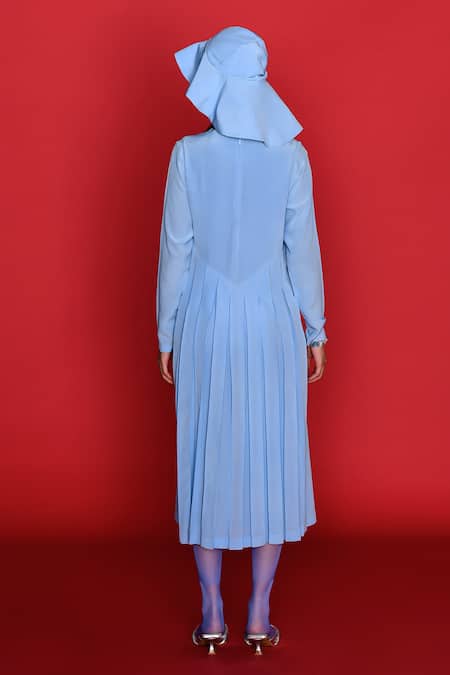 Febo6 Blue Silk, Crepe Round Neck Elemental Solid Box-pleated Dress Online at Aza Fashions Febo6_Blue Silk, Crepe Round Neck Elemental Solid Box-pleated Dress _Online_at_Aza_Fashions