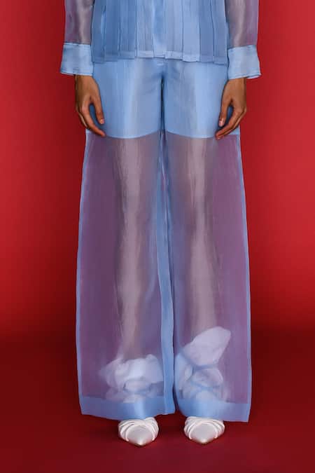 Shop_Febo6_Blue Organza Shawl Neck Elemental Pleated Shirt With Sheer Pant _Online_at_Aza_Fashions