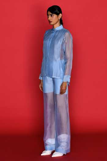 Febo6_Blue Organza Shawl Neck Elemental Pleated Shirt With Sheer Pant _at_Aza_Fashions