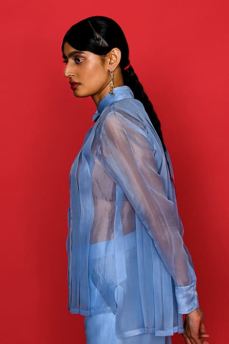 Buy_Febo6_Blue Organza Shawl Neck Elemental Pleated Shirt With Sheer Pant 