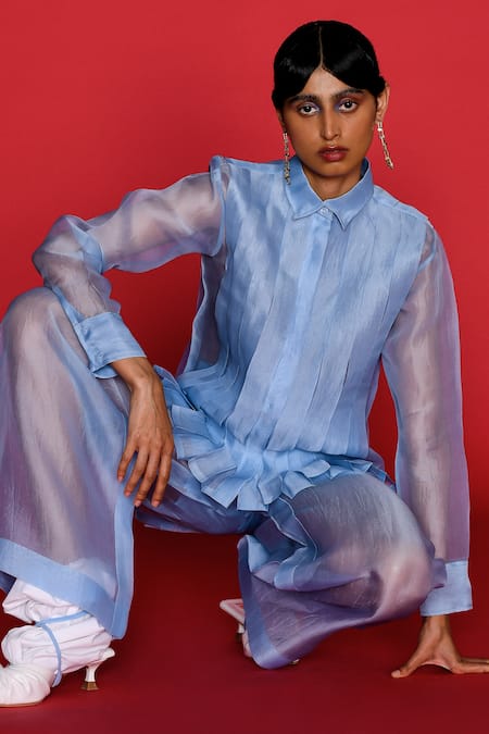 Shop_Febo6_Blue Organza Shawl Neck Elemental Pleated Shirt With Sheer Pant 