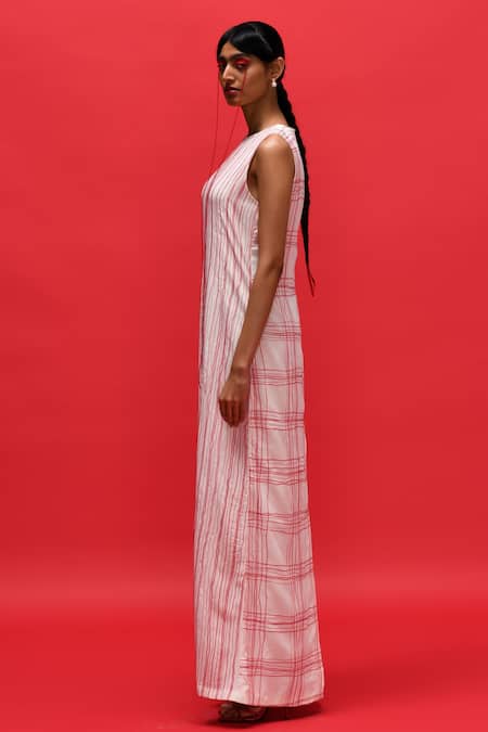 Shop_Febo6_Off White Silk, Crepe Embroidery Round Grid Fluidity Threadwork Striped Dress _Online_at_Aza_Fashions