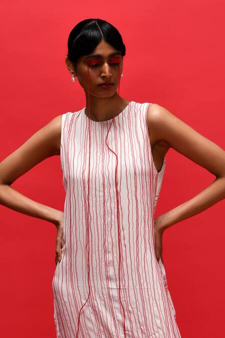 Febo6_Off White Silk, Crepe Embroidery Round Grid Fluidity Threadwork Striped Dress _at_Aza_Fashions