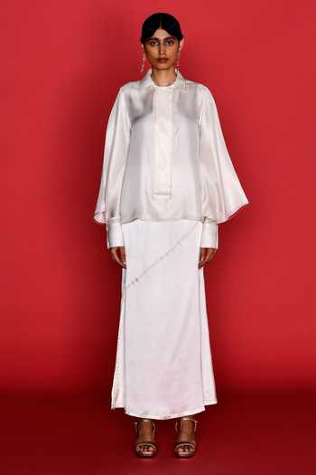 Febo6_Off White , Satin Shawl Neck Solid Shirt With Skirt _Online_at_Aza_Fashions