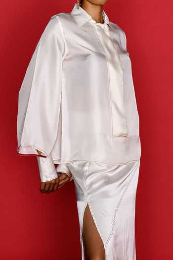 Buy_Febo6_Off White , Satin Shawl Neck Solid Shirt With Skirt _Online_at_Aza_Fashions