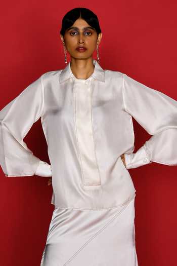 Shop_Febo6_Off White , Satin Shawl Neck Solid Shirt With Skirt _Online_at_Aza_Fashions