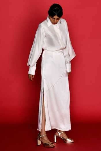 Febo6_Off White , Satin Shawl Neck Solid Shirt With Skirt _at_Aza_Fashions