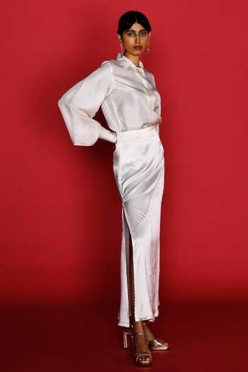 Buy_Febo6_Off White , Satin Shawl Neck Solid Shirt With Skirt 