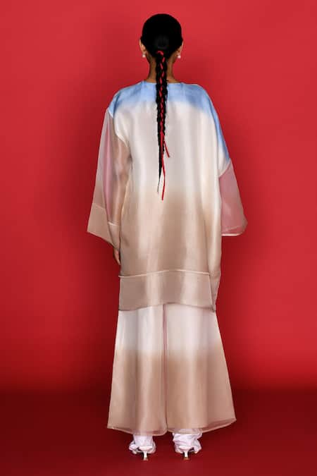 Febo6_Off White Silk, Organza Round Neck Ombre Asymmetric Top With Pant _Online_at_Aza_Fashions