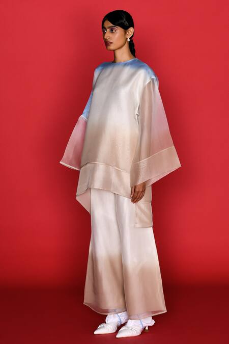 Shop_Febo6_Off White Silk, Organza Round Neck Ombre Asymmetric Top With Pant _Online_at_Aza_Fashions