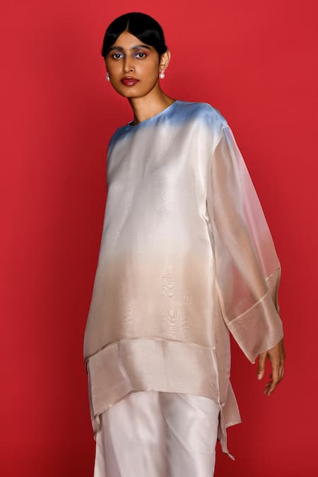 Buy_Febo6_Off White Silk, Organza Round Neck Ombre Asymmetric Top With Pant 