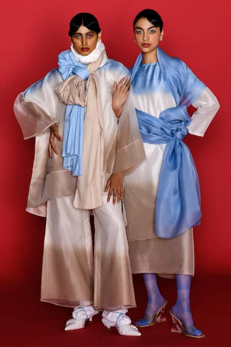 Shop_Febo6_Off White Silk, Organza Round Neck Ombre Asymmetric Top With Pant 