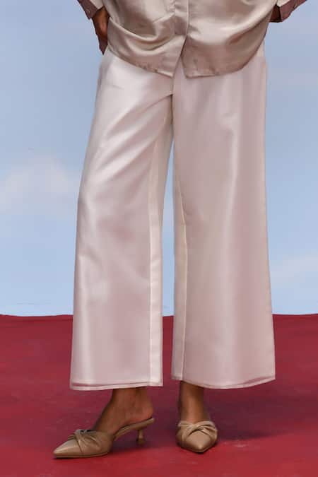 Buy_Febo6_Off White Organza Solid Wide-leg Pant _Online_at_Aza_Fashions