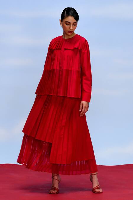 Febo6_Red Cotton, Silk Round Neck Cerise Accordion Pleated Shirt _Online_at_Aza_Fashions