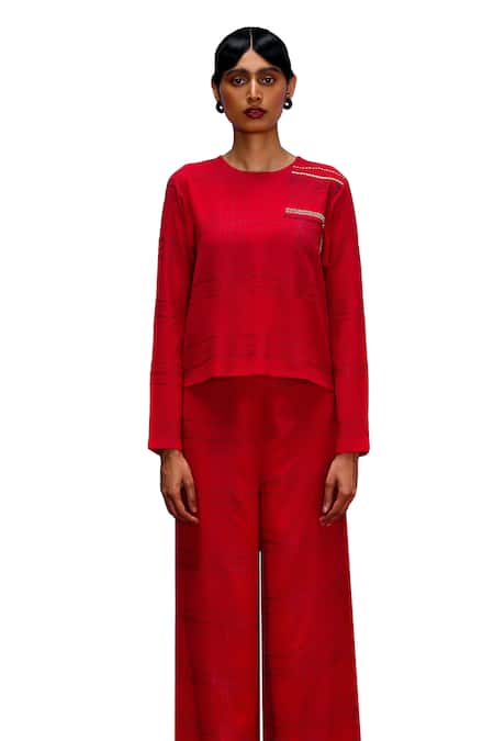 Febo6_Red Silk Embroidery Round Neck Grid Kantha Top With Pant _Online_at_Aza_Fashions